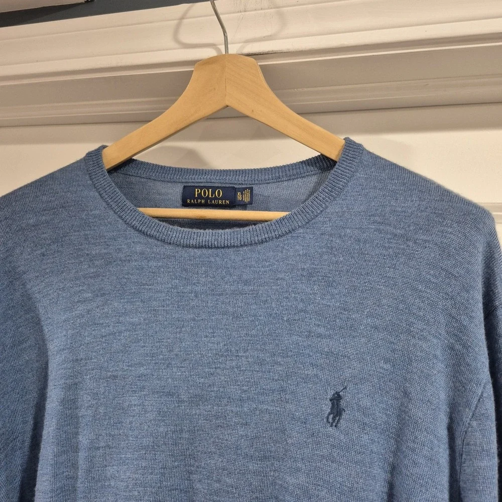 Polo Ralph Lauren Sweater Mens XL‎ Blue Wool Crewneck Merino Washable Preppy